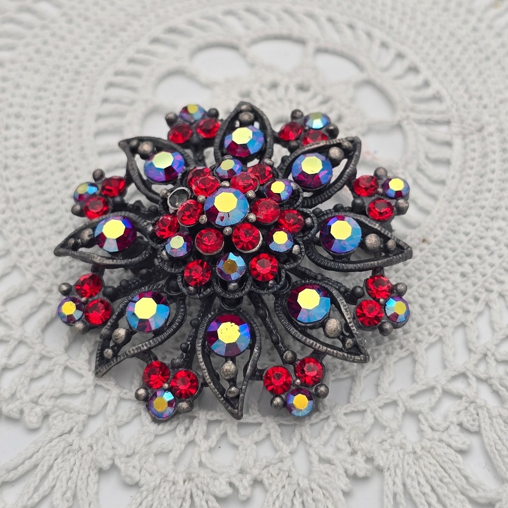 Vintage Layered AB Red Blue Rhinestones Brooch Pin Gun metal Flower Starburst